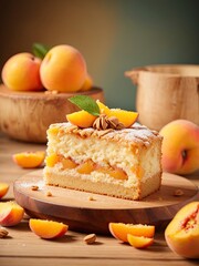 Homemade peach cake on wooden table in orange background. Peach pastry on rustic wood table