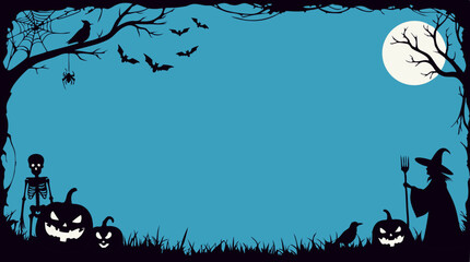 Blue Halloween banner with a large space for text. The border is decorated with black silhouettes of Halloween icons including a jack-o'-lantern, skeleton, witch, crow, bats and spider.