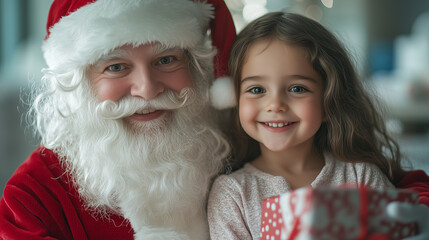 smiling child poses with Santa Claus, holding a gift in a hospital setting, Christmas in hospital