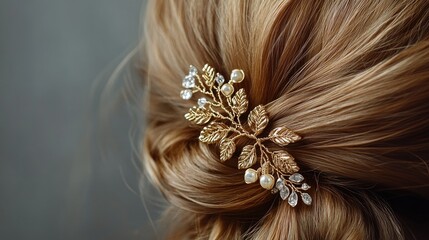 Decorative hair clip in a young woman hair, set against a soft gray background, creating contrast.