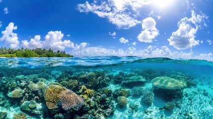 Vibrant Coral Reef Under Clear Blue Ocean Water