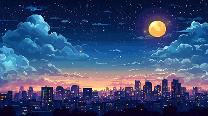 Obraz premium Pixelated Night City Skyline with Full Moon and Stars