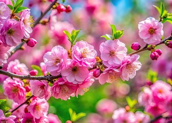 Obraz premium Prunus Subgenus Prunus: A Close-Up of Delicate Blossoms and Fresh Green Foliage in Springtime