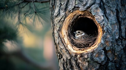 Obraz premium Bird Nesting in Tree Cavity Wildlife Nature Forest Birdwatching