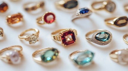Detailed close-up of various gemstone rings, showcasing their colorful stones and craftsmanship on a white surface