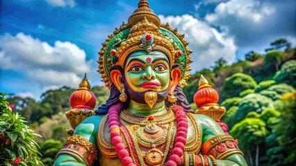 Fototapeta premium Radiant Lord Hanuman Statue with Intricate Designs and Vibrant Colors in a Serene Outdoor Setting