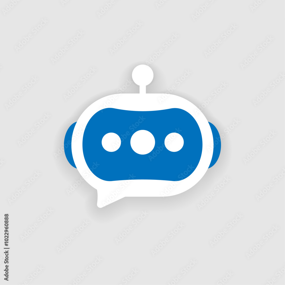 Poster illustration combining a friendly robot character and a chat bubble speech button, assistant or help