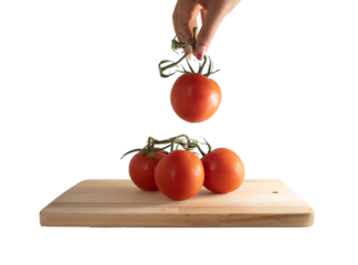 Hand Holding Fresh Tomato Over Cutting Board Isolated on Transparent Background