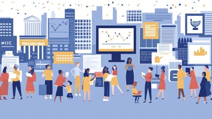 A vibrant illustration of a diverse crowd engaging with technology and data presentations.