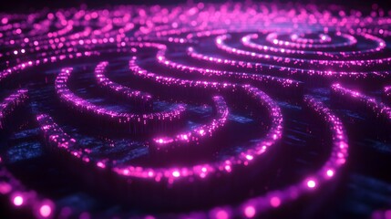 Circular labyrinth made of glowing fiber optics, representing self-discovery, futuristic setting, deep blacks and neon purples, high-tech 3D elements