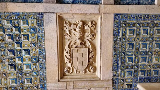 Interior view at the Charola of the Convent of Christ, magnificent Knights Templar architecture, round church altar, paintings and very peculiar ornaments, Tomar Portugal