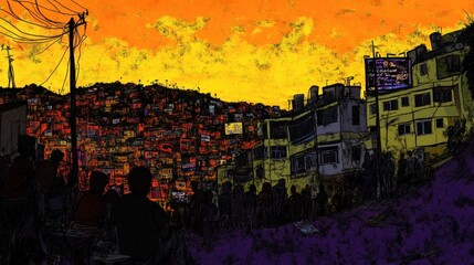 Obraz premium A vibrant sunset over a densely populated hillside, showcasing urban life and community.