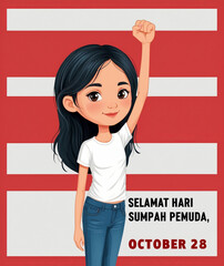 Young Asian girl clenches her fist for Indonesian Sumpah Pemuda Day