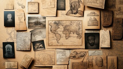 A collection of vintage sketches and maps displayed on a textured surface. It includes world maps, portraits, ship drawings, architectural sketches, and historical documents.