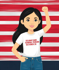 Young Asian girl clenches her fist for Indonesian Sumpah Pemuda Day