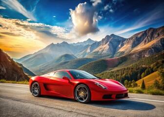 Naklejka premium Red sports car parked on a scenic road with mountains and blue sky in the background during daytime