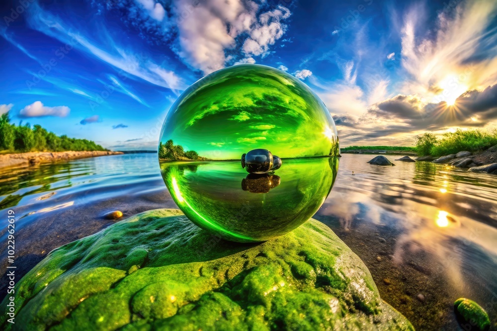 Poster reflective object displaying green hues in a calm environment with soft lighting and texture