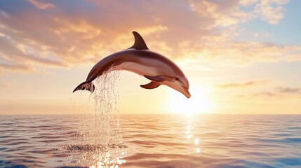 Dolphin Leaping in Sunset Over Calm Ocean Waters