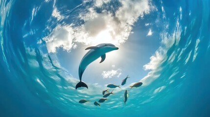 Fototapeta premium Dolphin Swimming in Clear Ocean Water Under Clouds