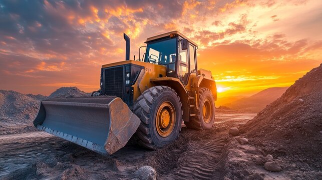 A yellow tractor with a large blade is parked on a dirt road at sunset. The sun is setting behind the tractor, casting a warm glow on the scene.
