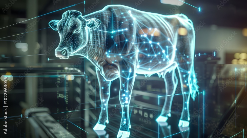 Poster a cow is shown in a digital image with a blue and white color scheme