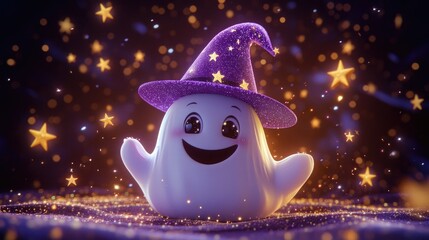 Fototapeta premium Happy white ghost with a purple witch hat in 3D cartoon style, surrounded by tiny stars and sparkles in a dark scene