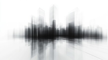 Abstract grayscale image of a city skyline with blurred buildings and a reflective surface.