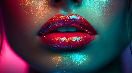 Obraz premium Bold red lips adorned with multi-colored glitter, reflecting light from vibrant green and pink neon lighting, dramatic close-up, intense details, high fashion, digital art