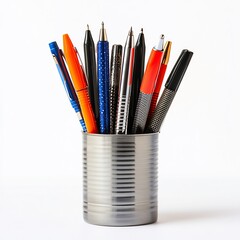 Pens in a Holder on a White Background