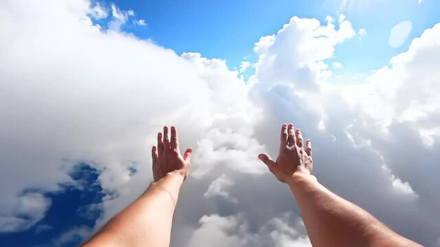 Soaring High in the Sky, Reaching Forward as He Flies Through the Clouds