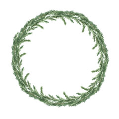 Round simple wreath of green pine branches template for Christmas greeting card. Hand drawn watercolor winter holiday illustration. Isolated decorative drawing for Xmas tradition designs.