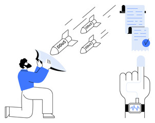 A person uses a shield to block missiles labeled DDoS and a finger touches a touchscreen displaying documents. Ideal for cybersecurity, threat prevention, technology, network security, and data