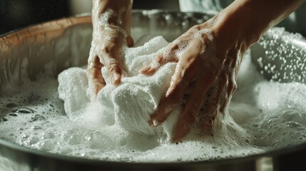 Housewife hands scrubbing white towels in a sudsy aluminum basin, bubbles overflowing