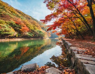 Obraz premium The Serene Beauty of Nami Island in South Korea During Autumn, Where Vibrant Red, Orange, and Yellow Leaves Create a Magical Forest Path Alongside the Calm Han River