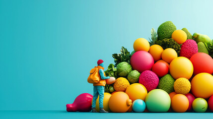 Colorful fruit and vegetable pile with a person exploring, vibrant background