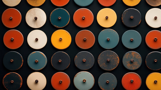 Pattern of metal disc knobs in various earthy colors arranged on a dark surface, showcasing a geometric and industrial design theme.