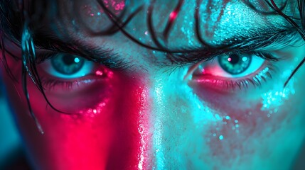 Naklejka premium Young man's face illuminated by neon lights, glowing reflections in his eyes, vibrant pink and teal hues, cinematic close-up, futuristic, soft shadows, sharp detail