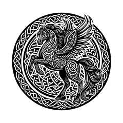 A Pegasus in full flight, adorned with Celtic knot patterns in a circular frame. This detailed vector design merges mythology with Celtic art in stunning black-and-white.