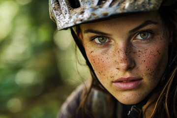 Determined Female Mountain Biker with Dirt-Covered Face, Close-up portrait of a young woman wearing a helmet, her face covered in dirt after mountain biking in the forest.

