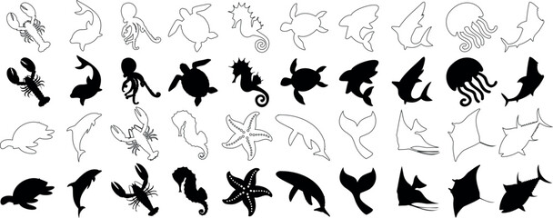 Ocean animal silhouette vector, sea creatures, marine life icons, including turtles, dolphins, whales, sharks, jellyfish, seahorses, starfish. Perfect for marine designs, tattoo stencils