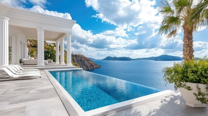 Fototapeta premium Luxurious Santorini-style home by the beach, with an infinity pool, white columns, and breathtaking sea vistas