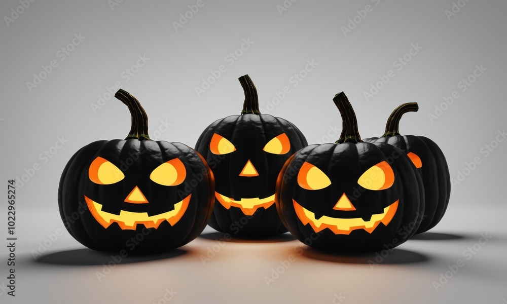 Wall mural four carved halloween pumpkins with illuminated faces sitting on a white surface