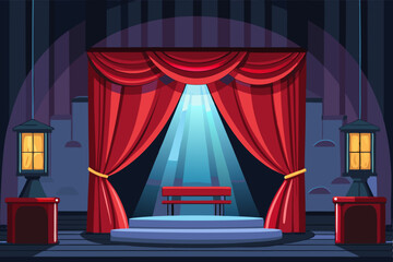 Old-fashioned theatre scene with red curtain