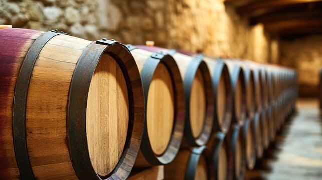 Row of wooden wine barrels in cellar