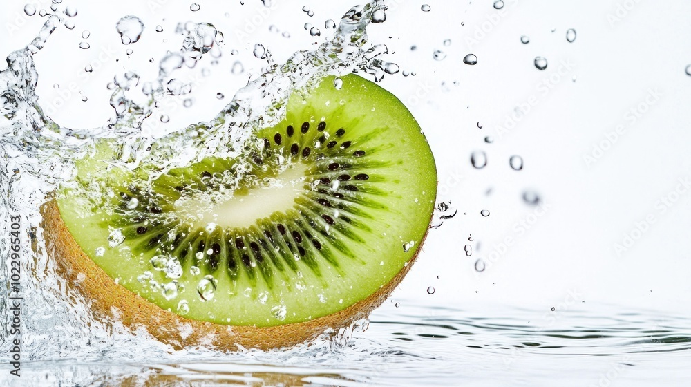 Poster kiwi slice splashing into water with water droplets
