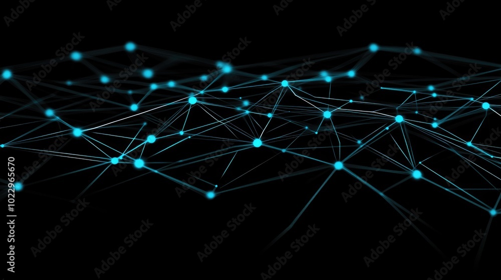 Poster abstract dark background with bright connections digital network in black with neon blue lights conc