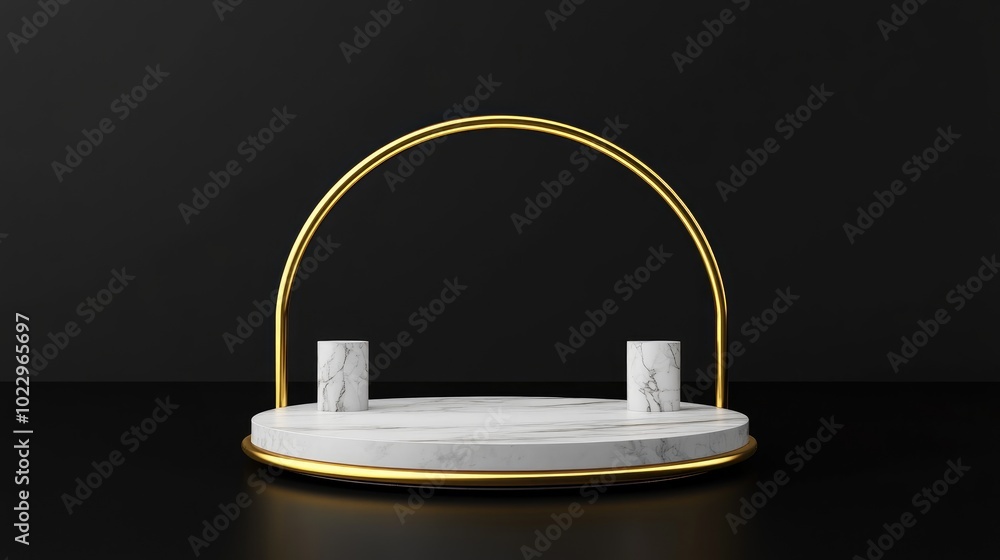Poster 3D rendering of a white marble pedestal on a black background featuring a gold square frame and two cylindrical blocks embodying an abstract minimal concept with blank space and a simple clean des