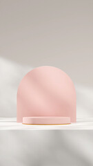 Fototapeta premium Minimal 3d rendering template mockup of pink podium with arch backdrop and white wall in portrait