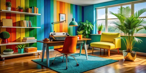 Fototapeta premium Retro 1960s Office Interior with Vintage Furniture, Typewriter, and Colorful Decor Accents