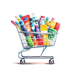 Shopping cart filled with colorful products, white background, minimalistic illustration